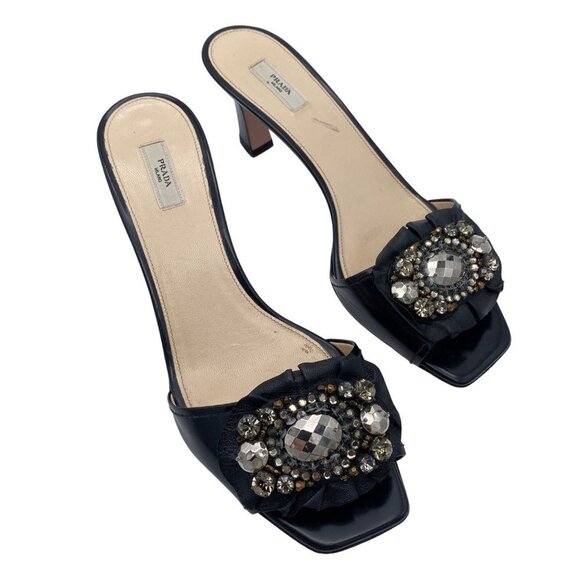 Prada Black Embellished Low Heels Size 36.5 Black Leather Square Toe Romantic - Picture 1 of 10
